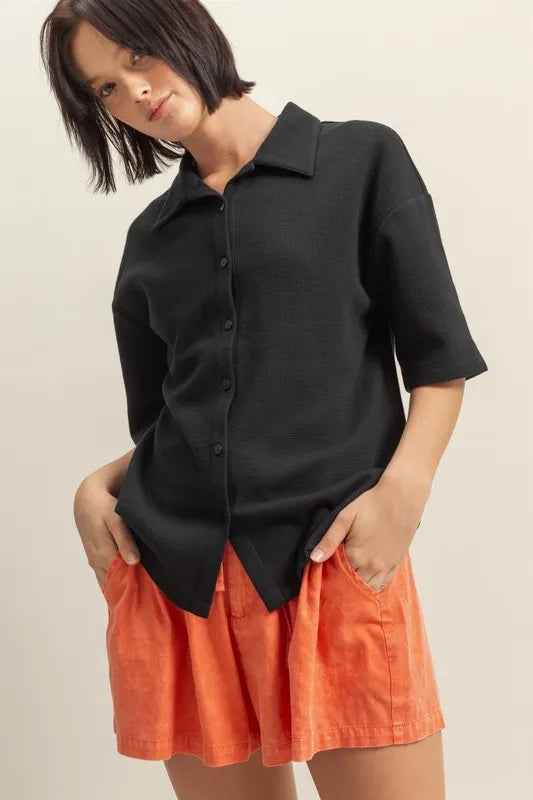 HYFVE Collared Neck Button Down Waffle Shirt BLACK