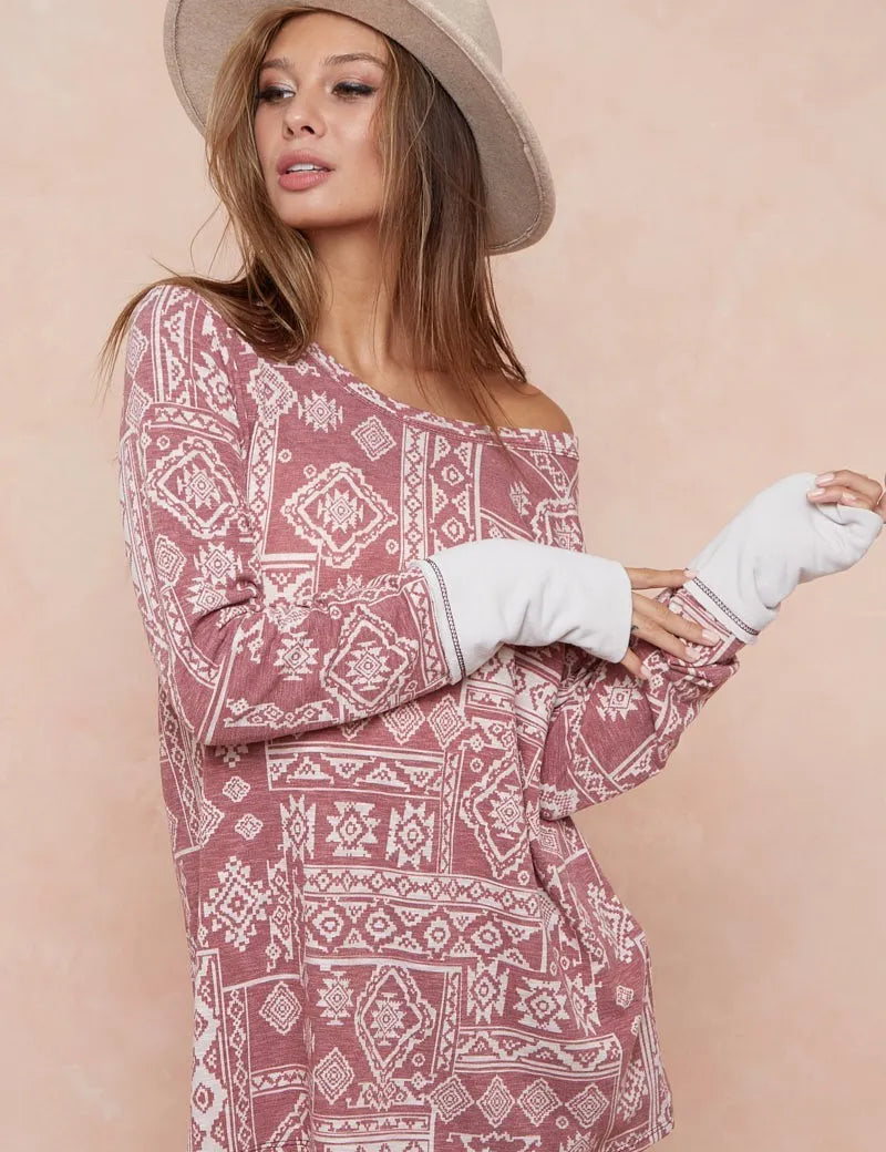 BiBi Aztec Print French Terry Top with Thumb Opening | Tops Daverri Fashions