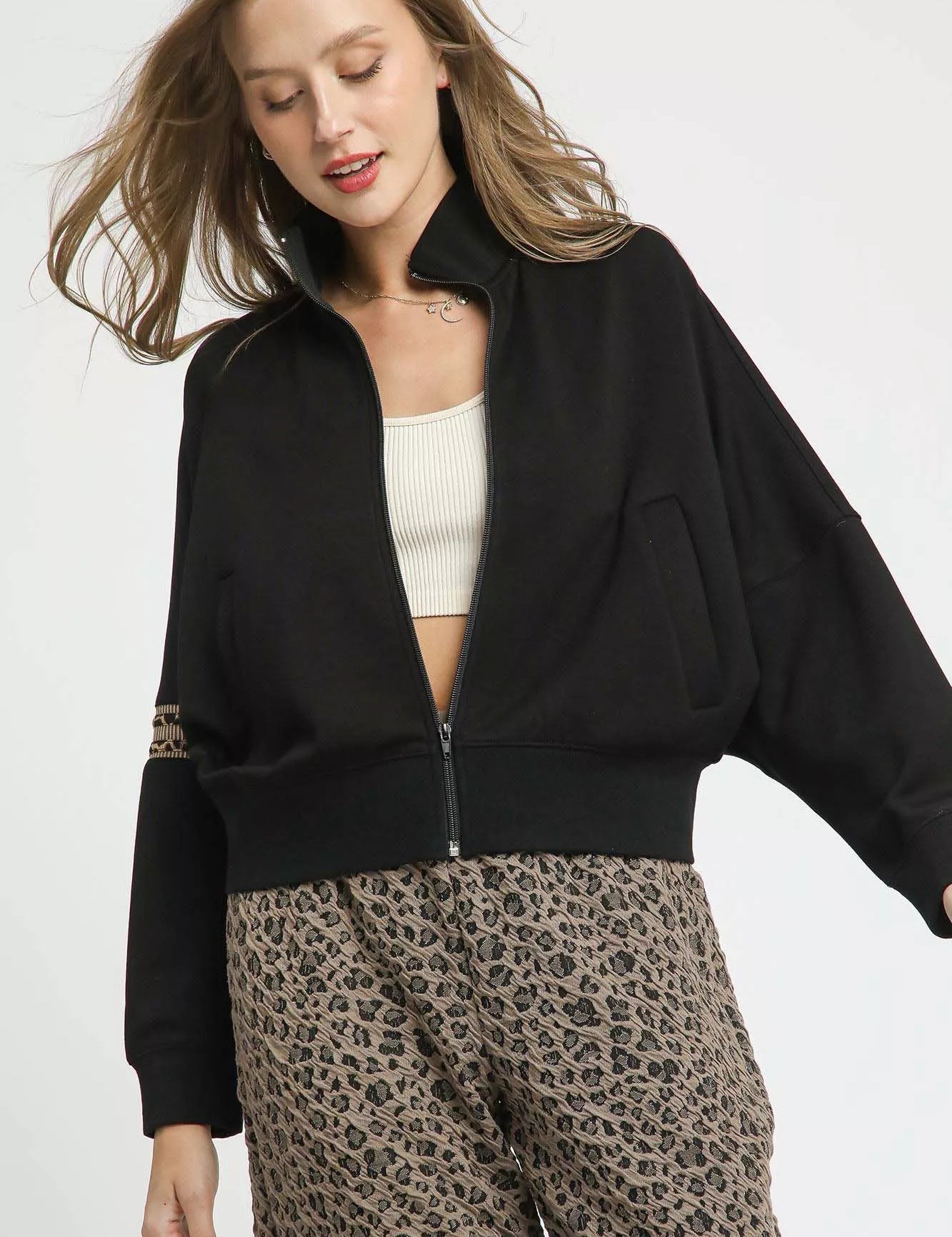 Black Umgee Zipper Up Cropped Jacket with Leopard Trim | Jackets Daverri Fashions