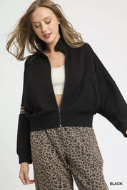Black Umgee Zipper Up Cropped Jacket with Leopard Trim | Jackets Daverri Fashions