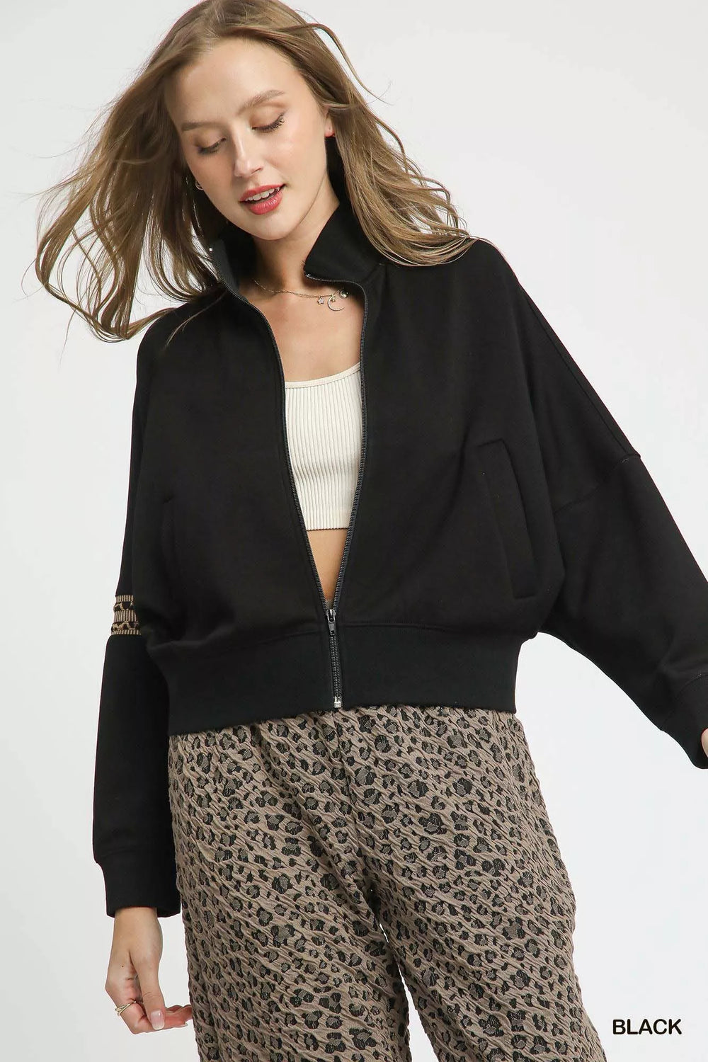 Black Umgee Zipper Up Cropped Jacket with Leopard Trim | Jackets Daverri Fashions