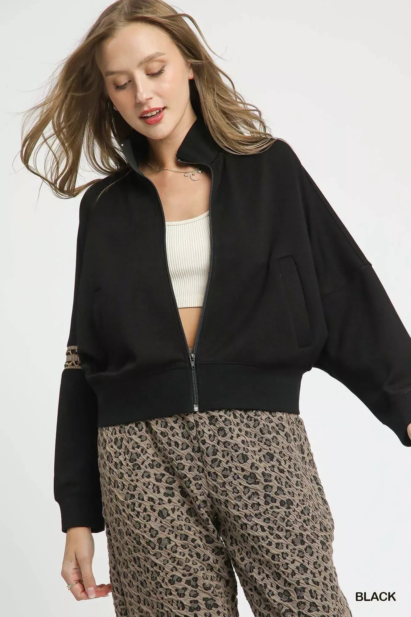 Umgee Zipper Up Cropped Jacket with Leopard Trim - DAVERRI FASHIONS