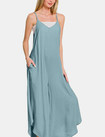 Zenana Spaghetti Strap Wide Leg Overalls with Pockets Overalls