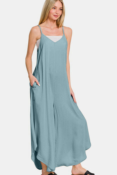 Zenana Spaghetti Strap Wide Leg Overalls with Pockets Overalls