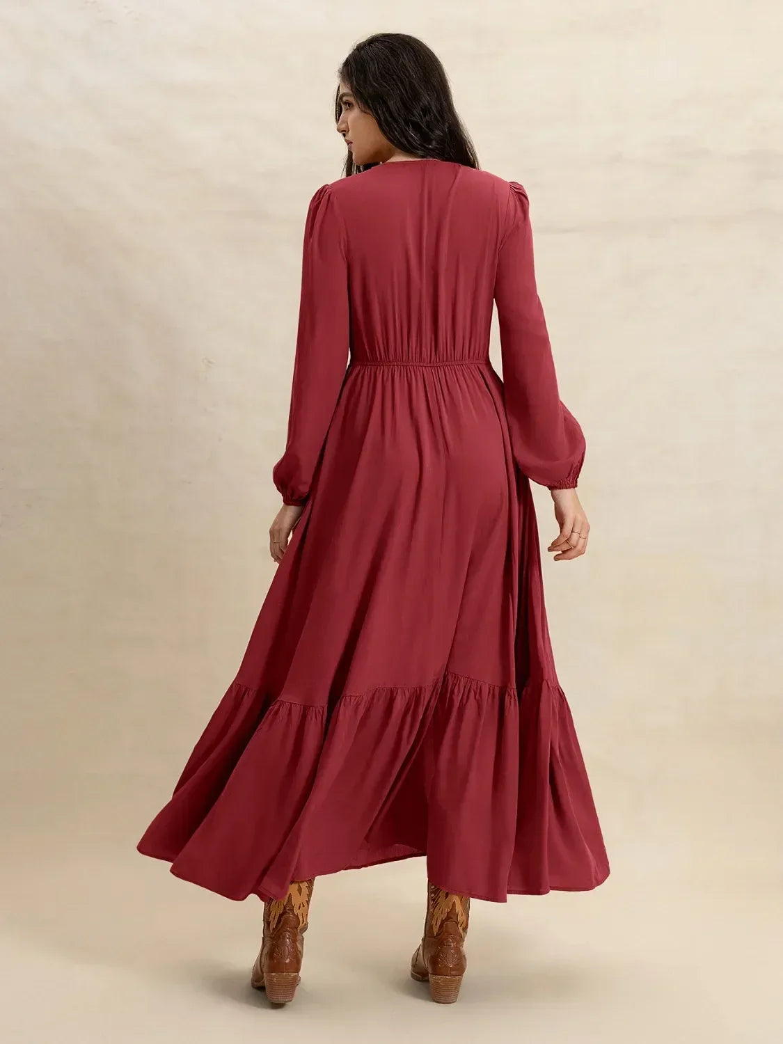 V-Neck Balloon Sleeve Ruffled Hem Maxi Dress - DAVERRI FASHIONS