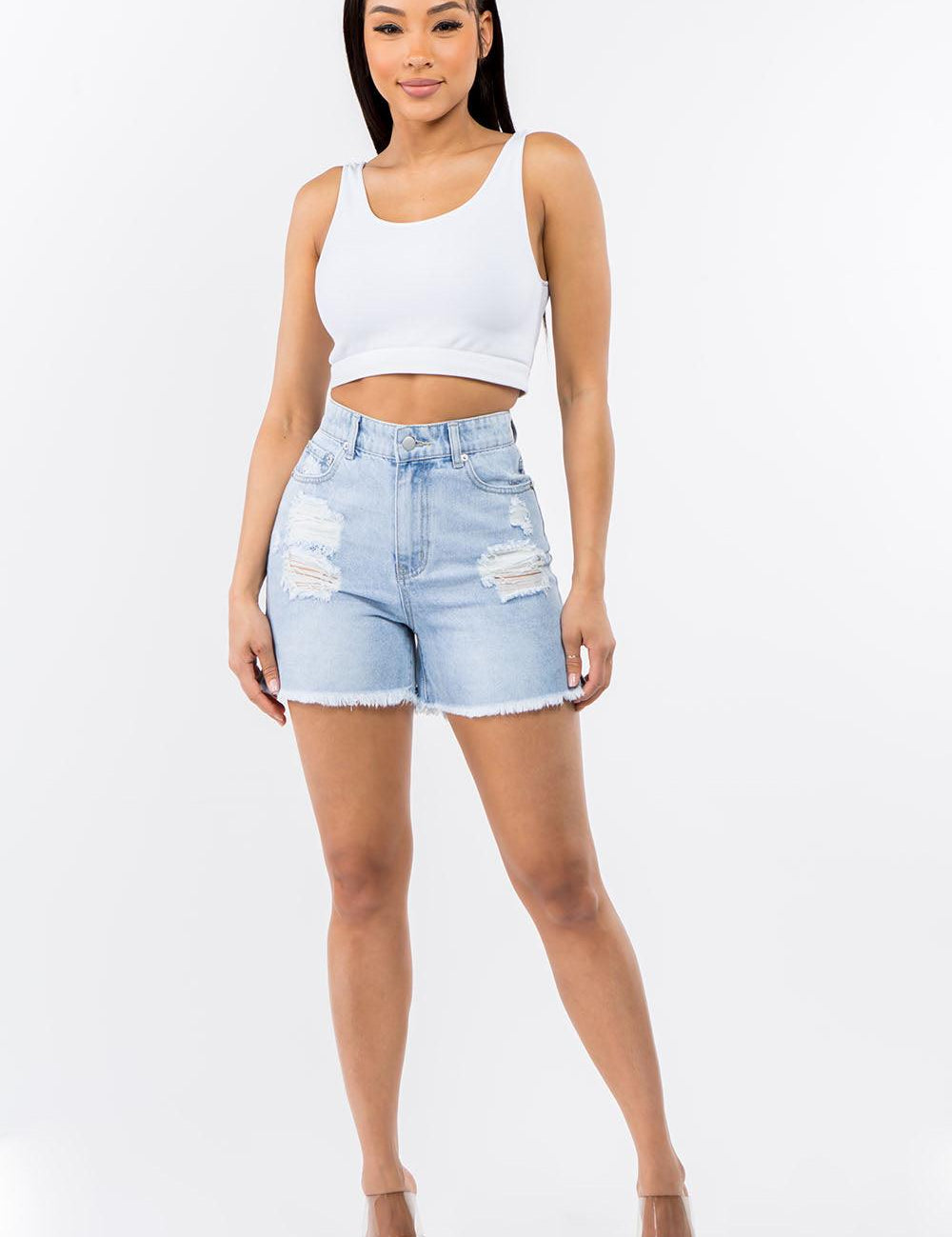 High Waist Distressed Raw Hem Denim Shorts Shorts