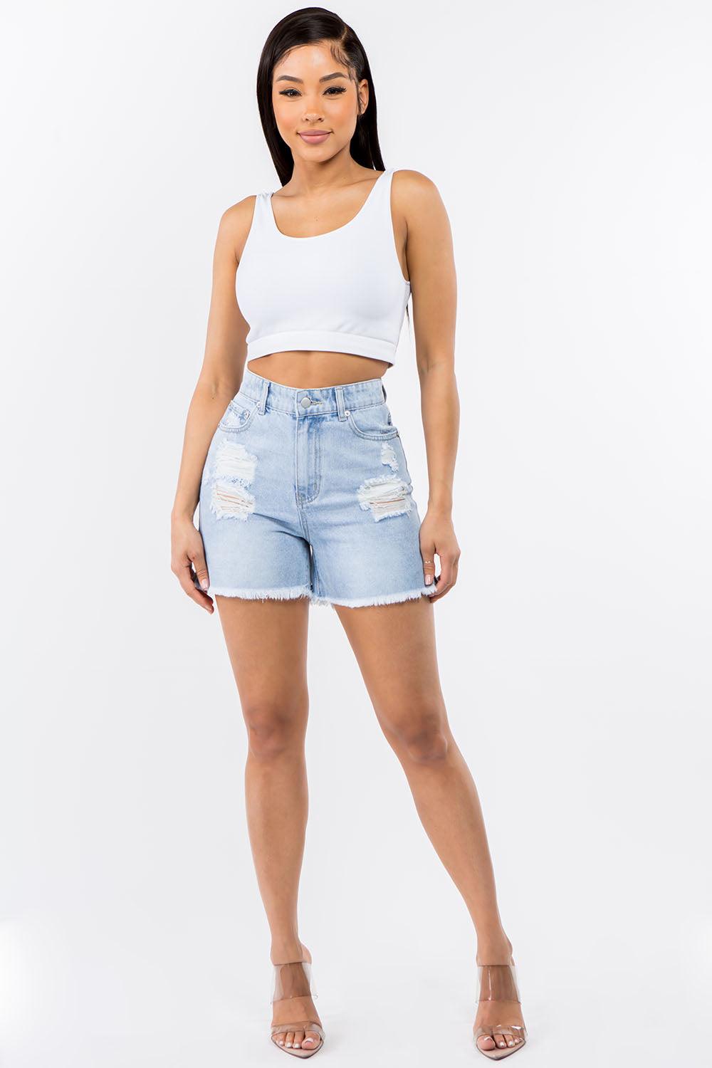 High Waist Distressed Raw Hem Denim Shorts Shorts