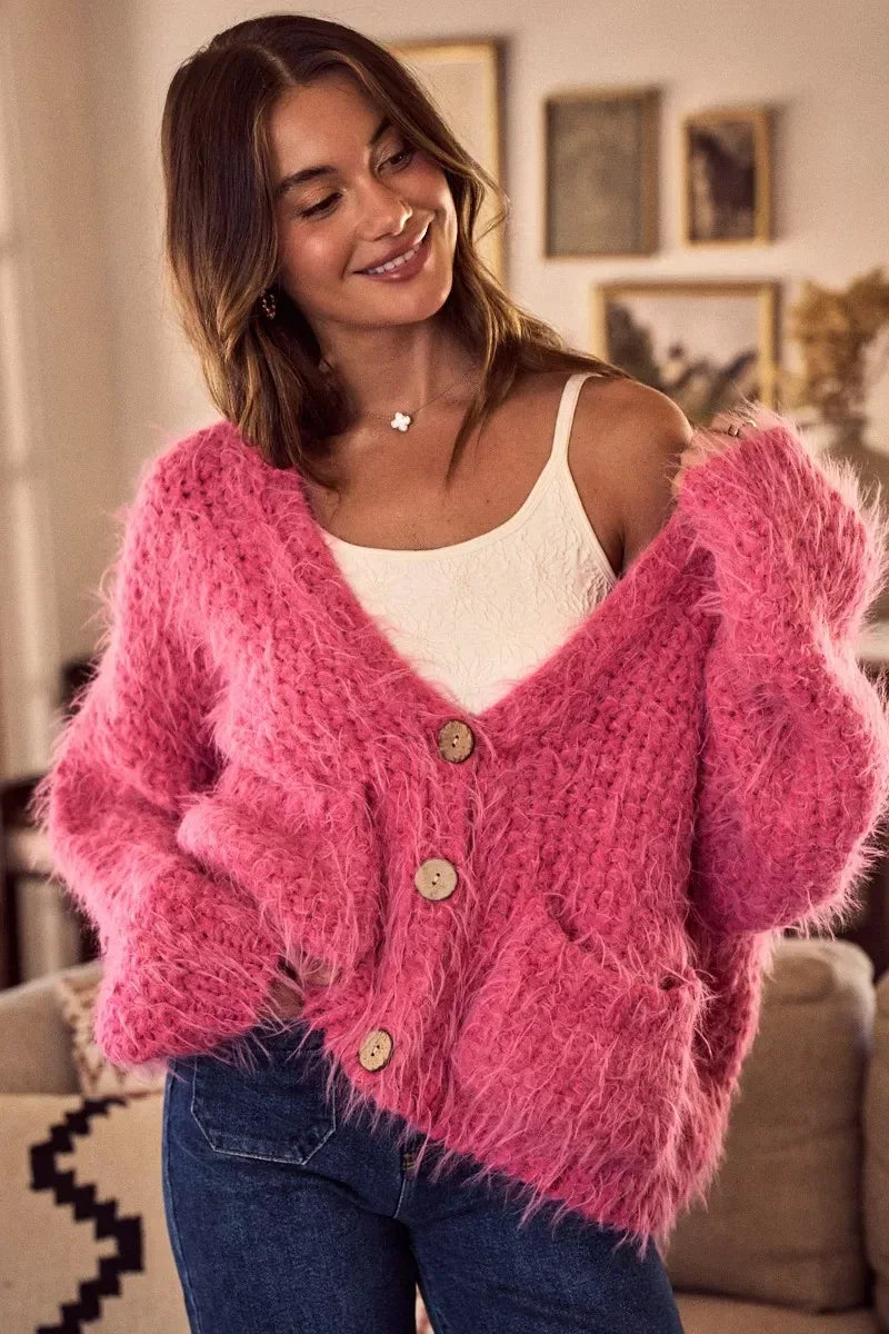 SO ME Soft Touch Hairy Loose Fit Cozy Sweater Cardigan - DAVERRI FASHIONS
