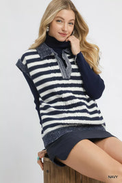 Umgee Cable Knit Collared Striped Vest Sweater | Sweaters Daverri Fashions