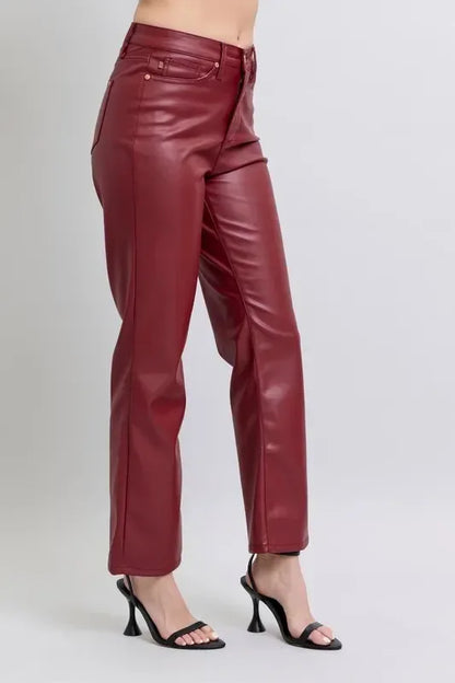 Judy Blue High Waist Tummy Control Faux Leather Straight Pants Plus Size - DAVERRI FASHIONS