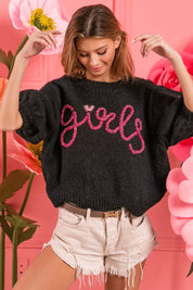 BiBi Metallic Letter Short Puff Sleeve Hairy Sweater | Sweaters Daverri Fashions