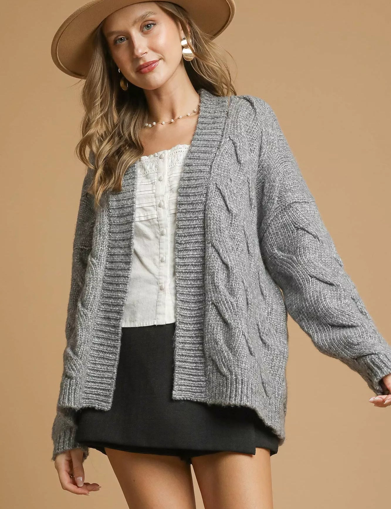 H. GREY Umgee Chunky Cable Knit Open Front Cardigan Grey | Cardigans Daverri Fashions