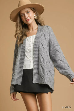 Umgee Chunky Cable Knit Open Front Cardigan Grey - DAVERRI FASHIONS