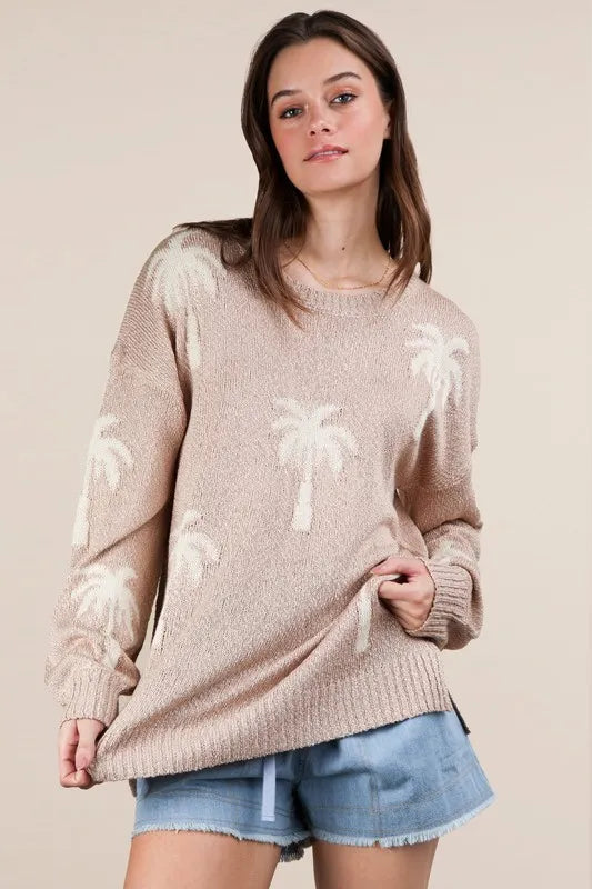 VERY J Palm Tree Graphic Oversized Knit Sweater Sweaters