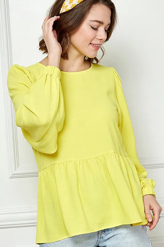 Lime 'N' Chili Round Neck Ruffle Hem Balloon Sleeve Blouse