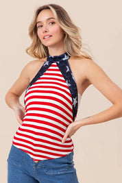 RED IVORY XL BiBi Stripe Jersey with Star Halter Neck with Tie Back | Tops Daverri Fashions