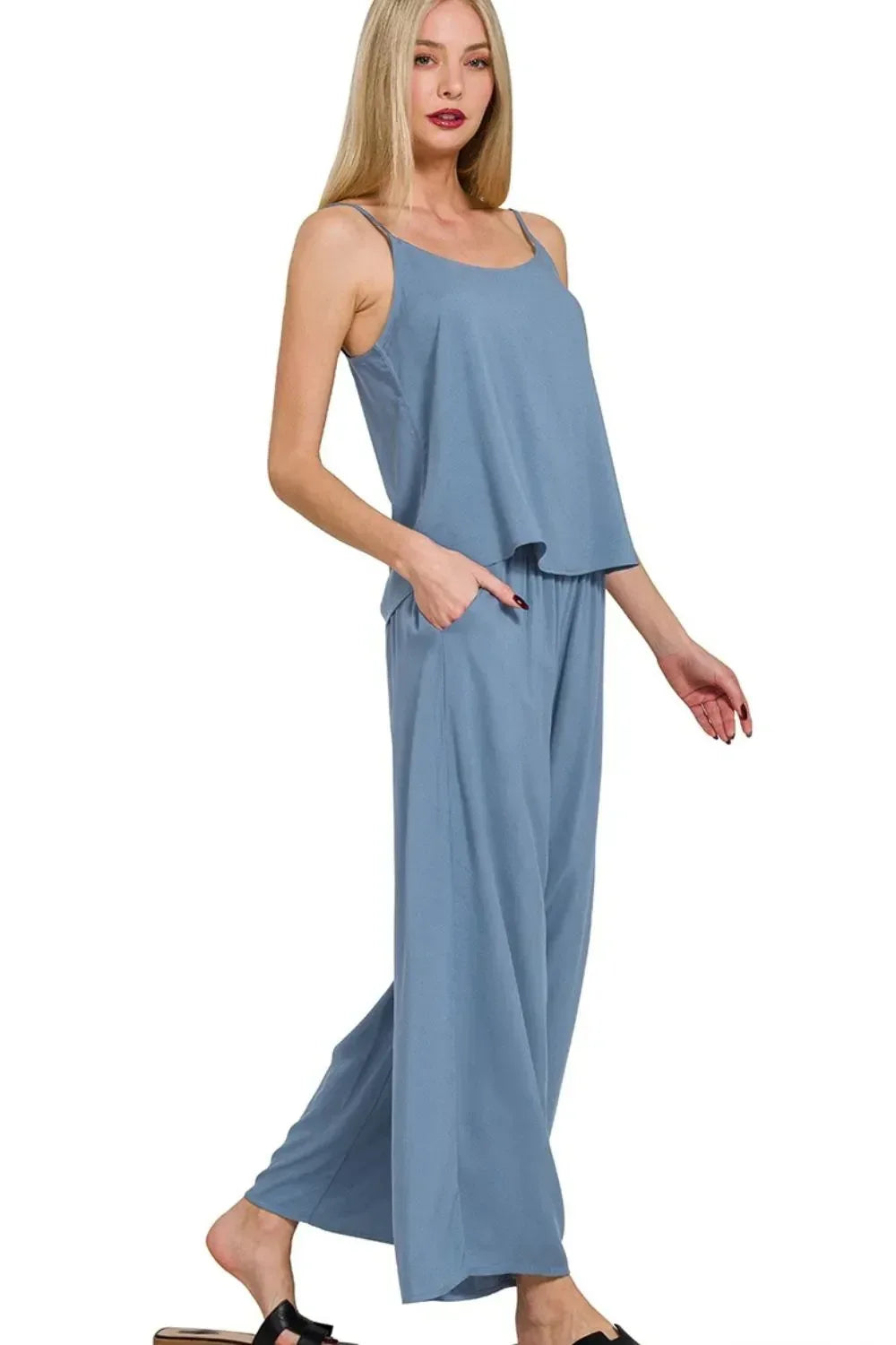 Zenana Dusty Blue Woven Cami & Pants Set - DAVERRI FASHIONS