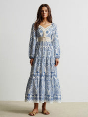 Bohemian blue and white print maxi dress with lace trim and tassel detail