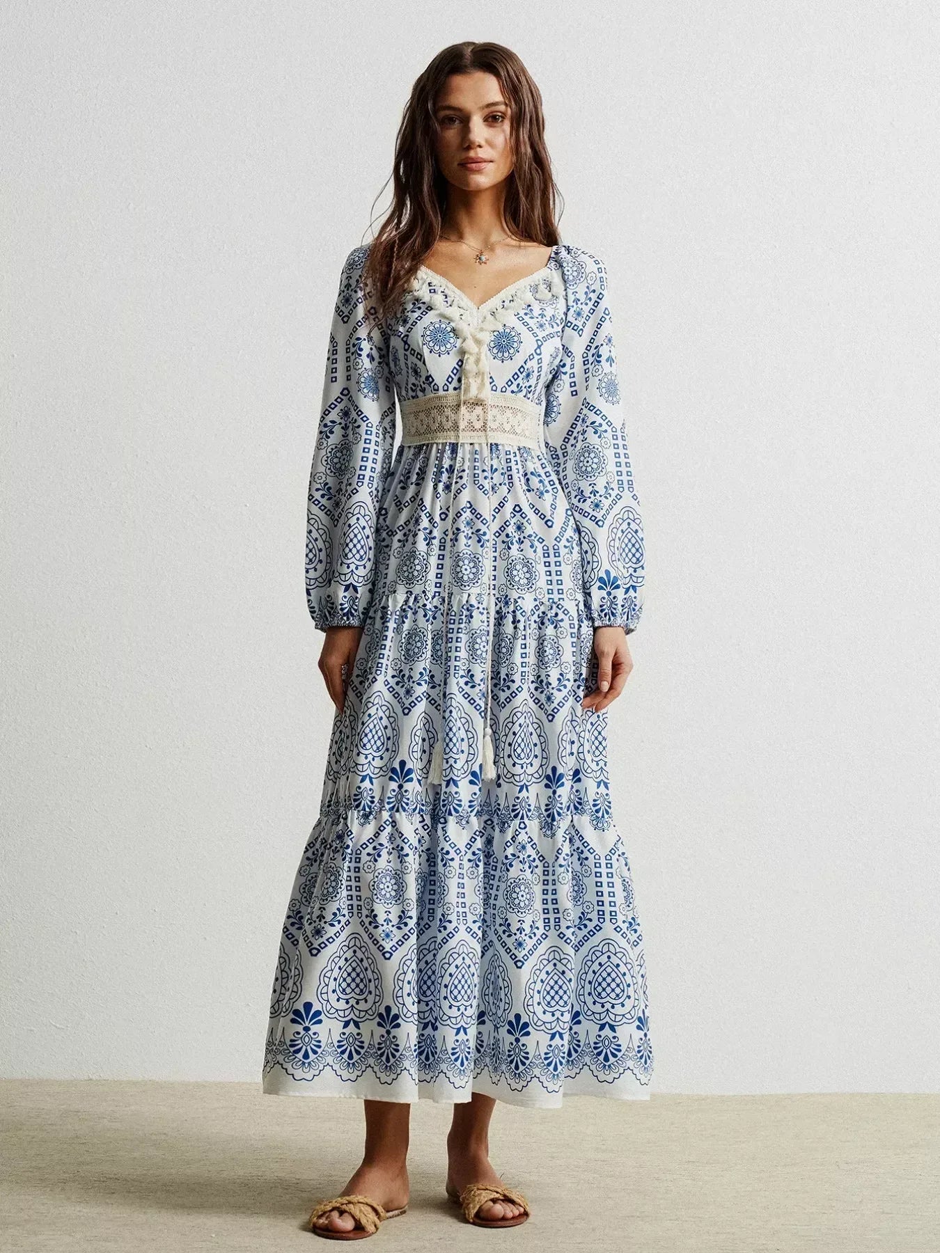 Daverri Fashions Bohemian Print Midi Dress with Tassel Detail - DAVERRI FASHIONS
