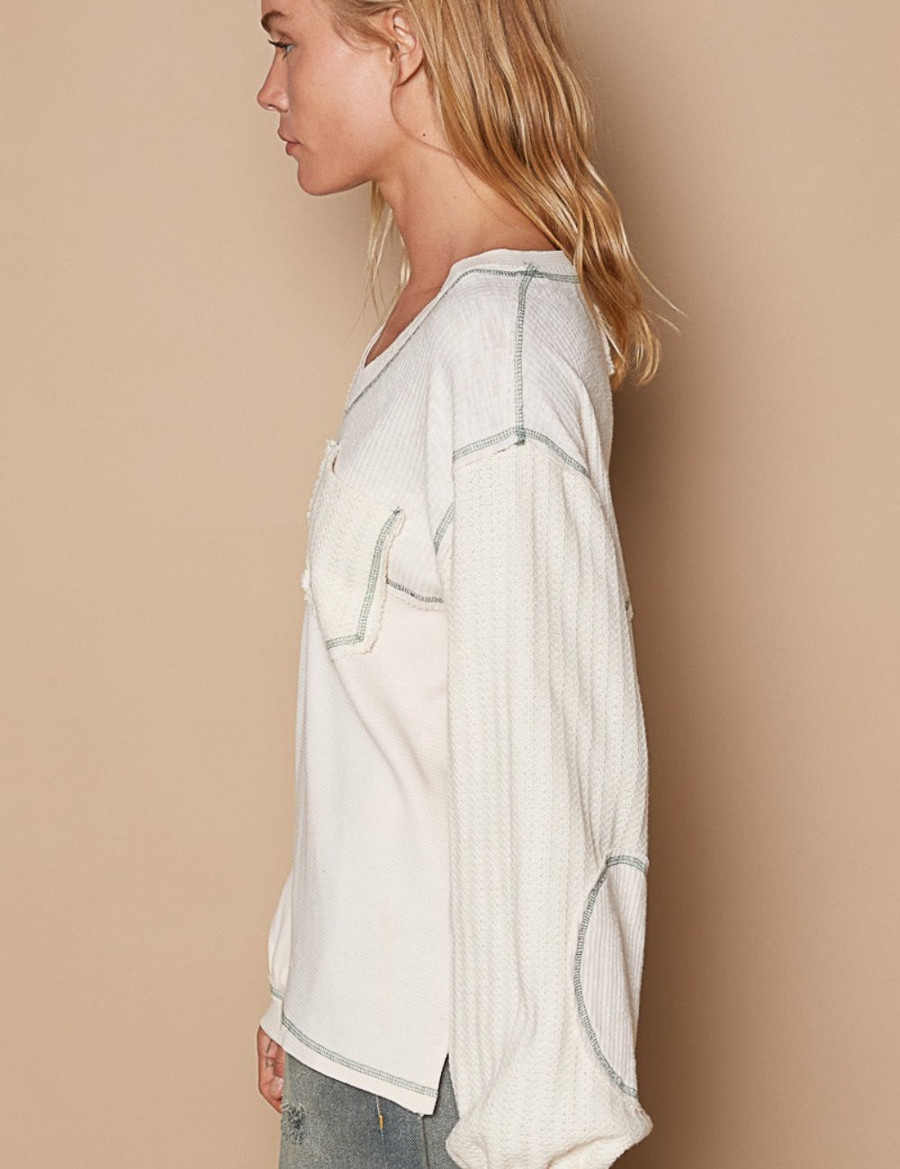 POL V-Neck knit Panel Exposed Seam Top