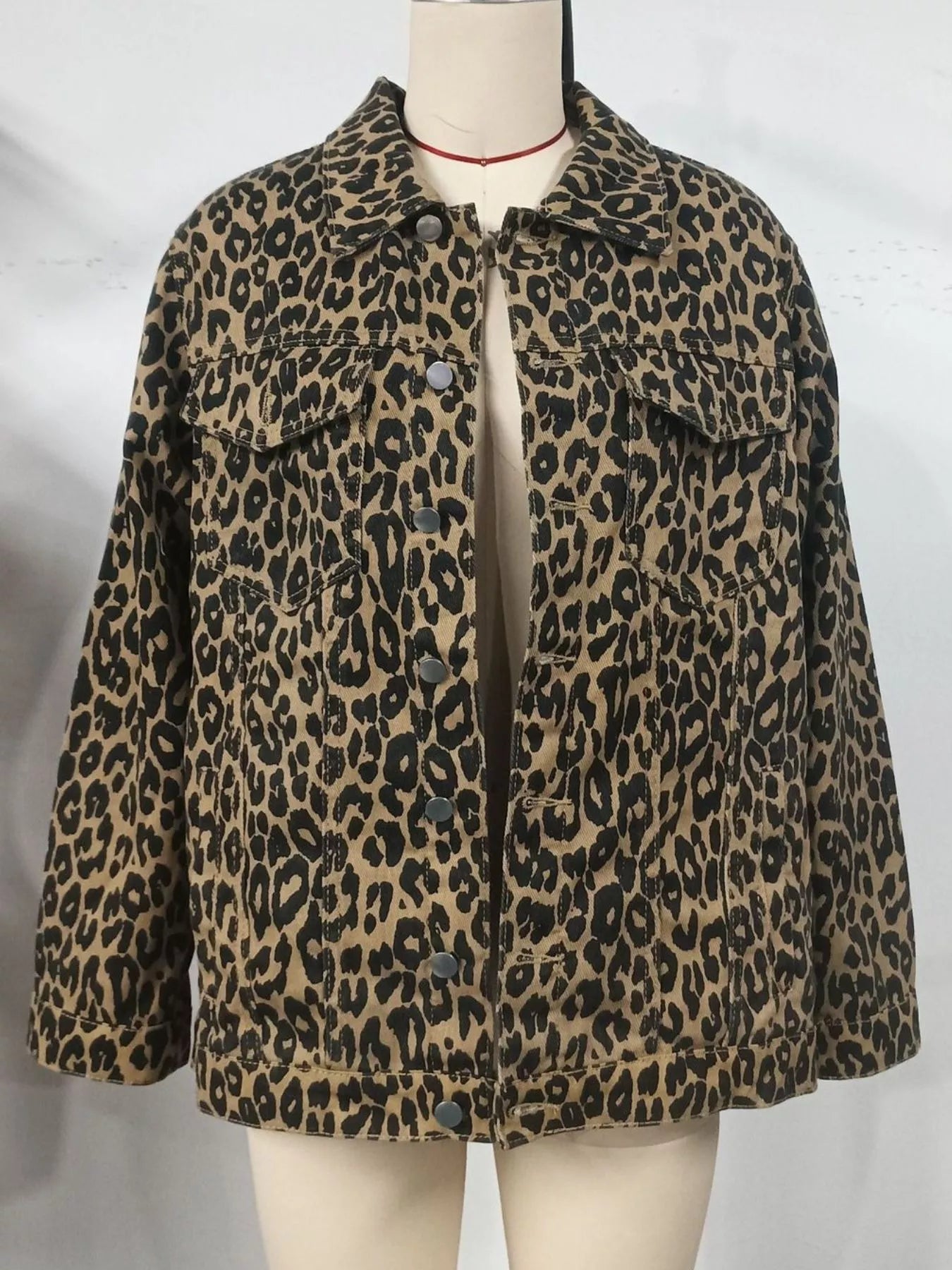 Leopard Button Up Long Sleeve Denim Jacket | Denim Jackets Daverri Fashions
