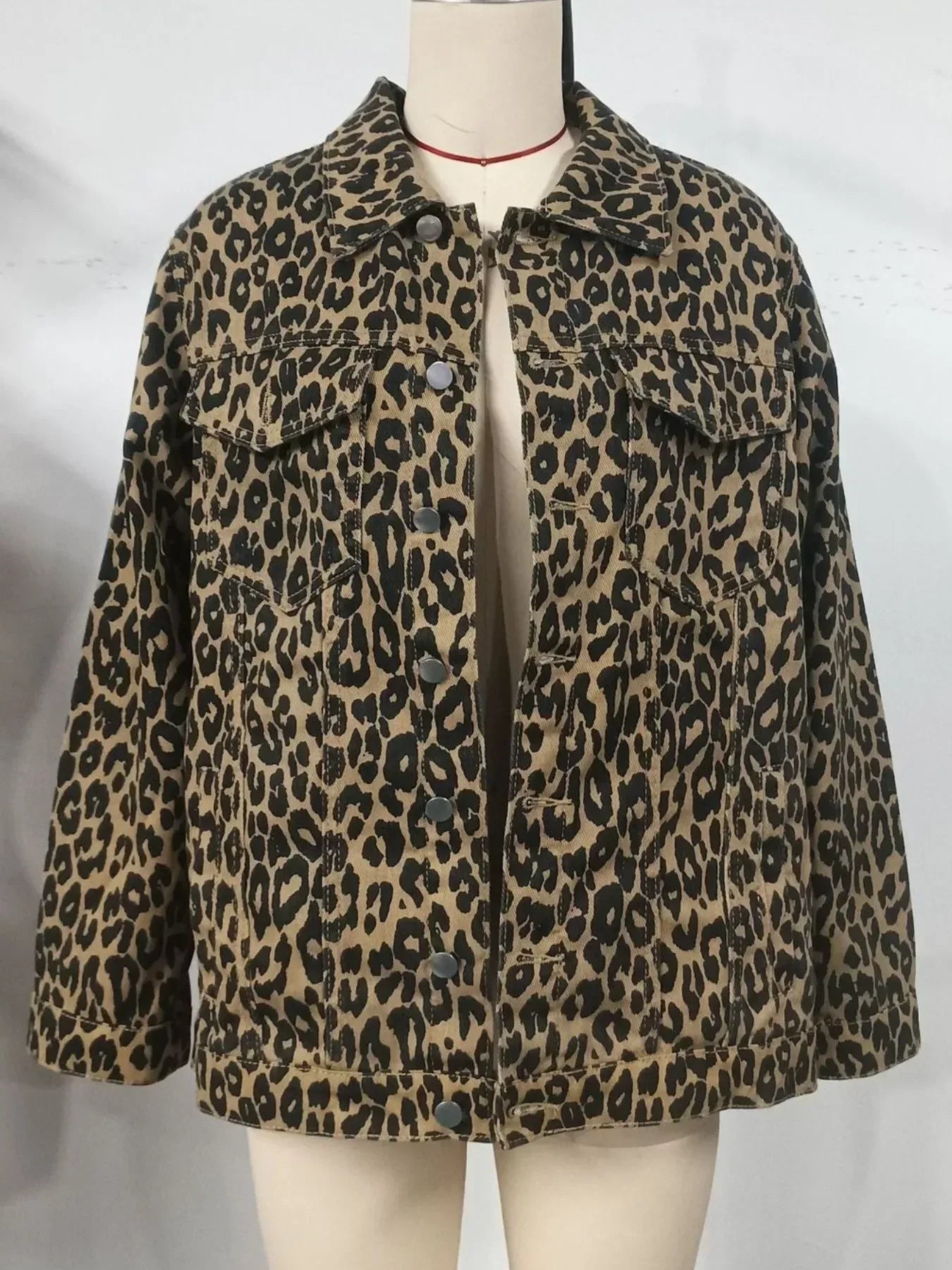 Leopard Button Up Long Sleeve Denim Jacket - DAVERRI FASHIONS