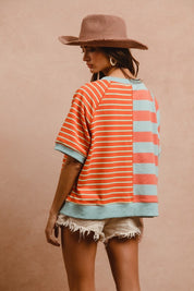 BiBi Striped Round Neck Half Sleeve French Terry Top Tops