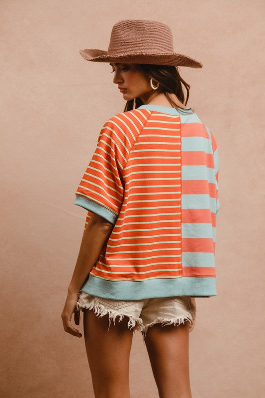 BiBi Striped Round Neck Half Sleeve French Terry Top Tops