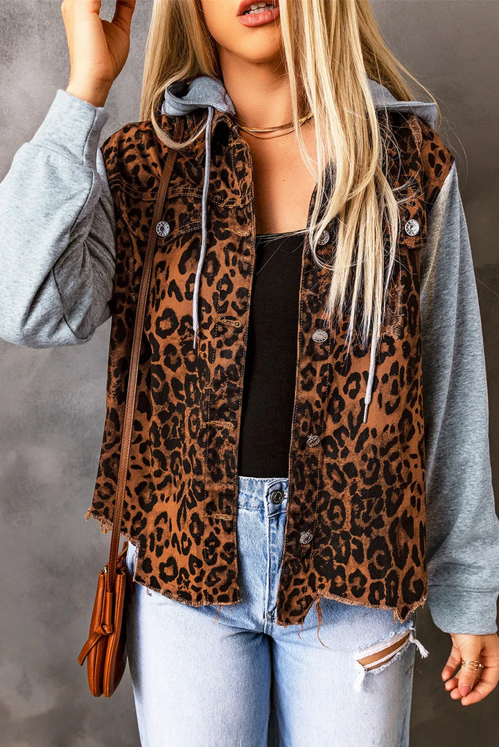 Leopard Distressed Drawstring Hooded Denim Jacket | Denim Jackets Daverri Fashions