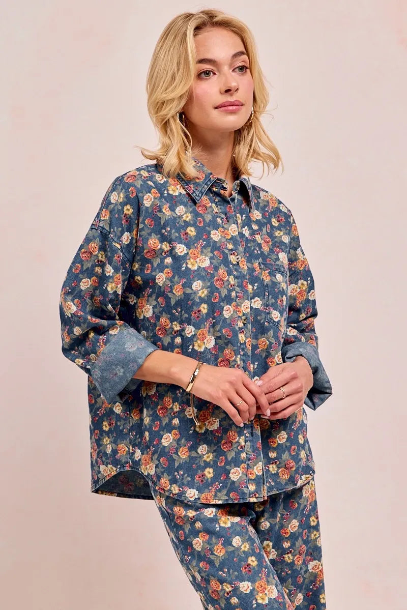 BiBi Washed Floral Print Denim Jacket Shackets