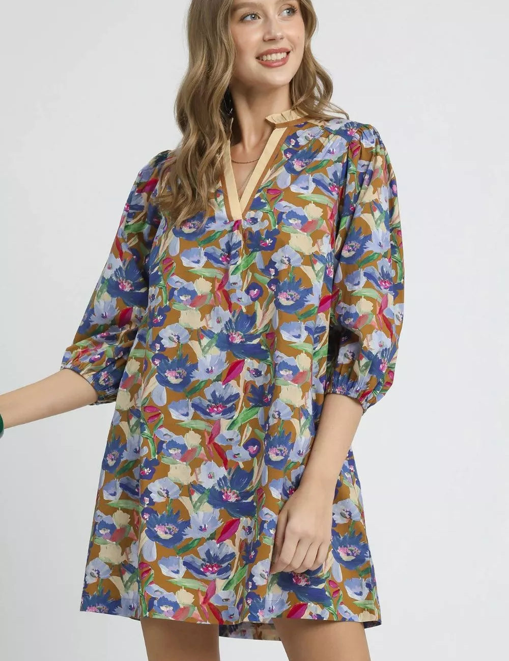 BROWN MIX Umgee Boho Floral Balloon Sleeve Mini Dress | Mini Dresses Daverri Fashions