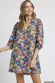 BROWN MIX Umgee Boho Floral Balloon Sleeve Mini Dress | Mini Dresses Daverri Fashions
