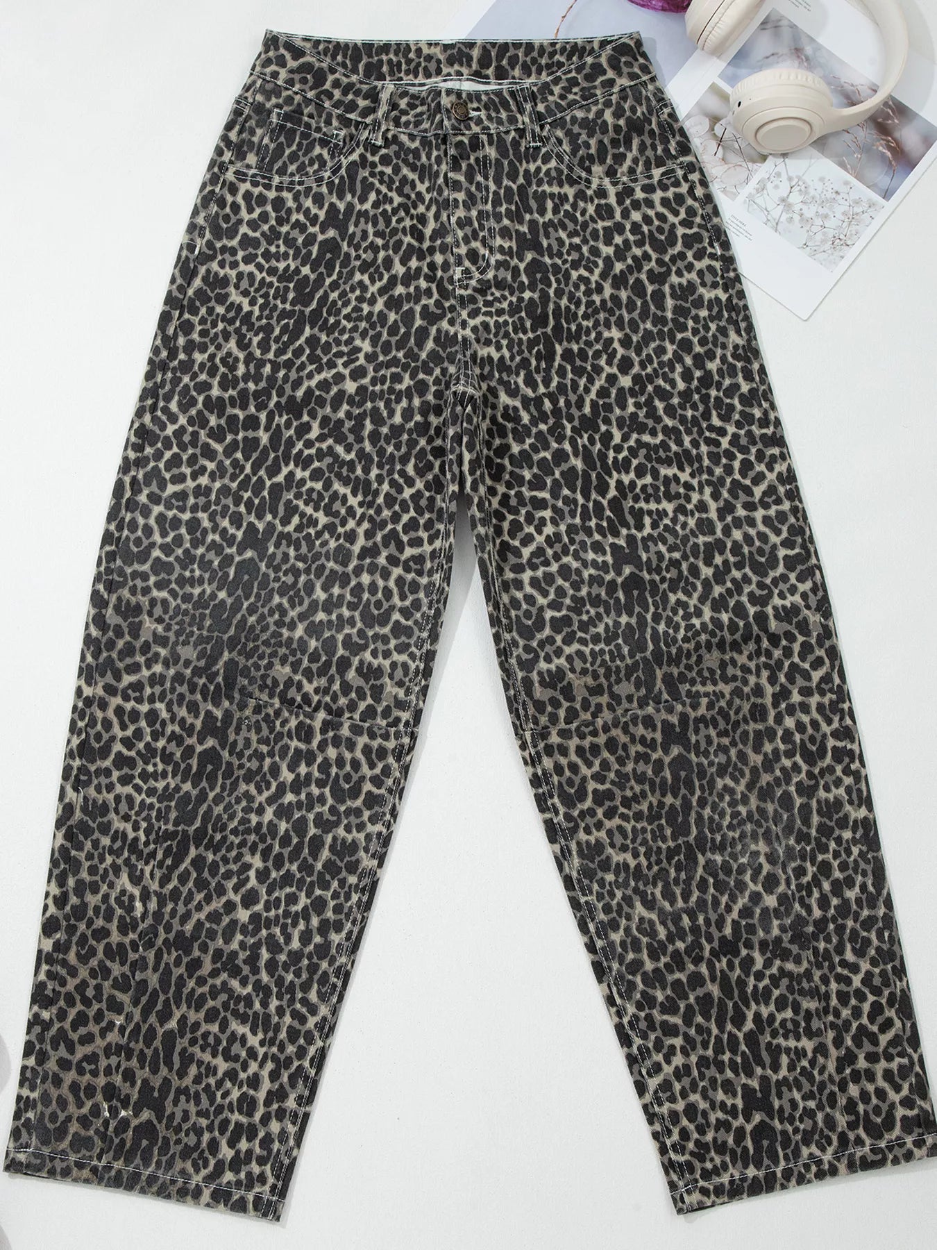 Daverri Leopard Print High Waist Barrel Jeans in black and gray