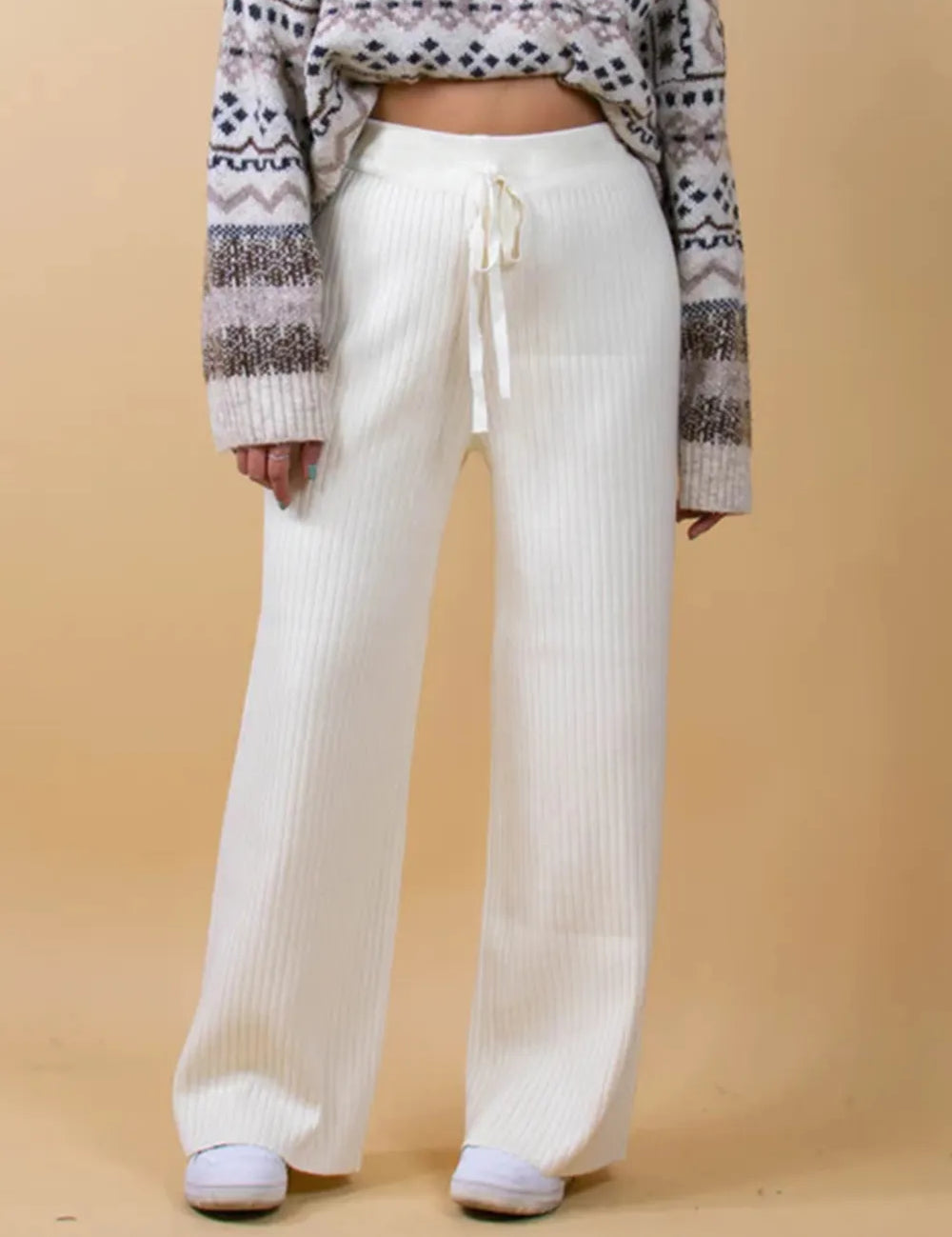 White Ribbed Wide Leg Sweater Pants | Bottoms Daverri Fashions