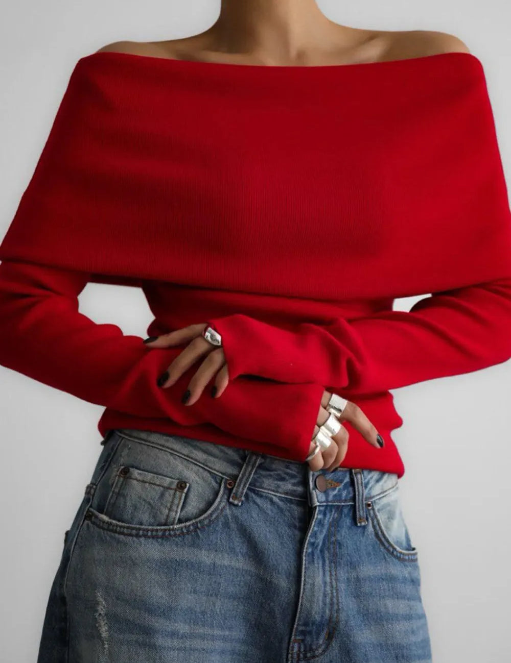 Red Off-Shoulder Long Sleeve Knit Top | Knit Tops Daverri Fashions