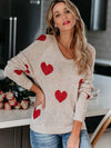 Beige knit heart scoop neck long sleeve sweater