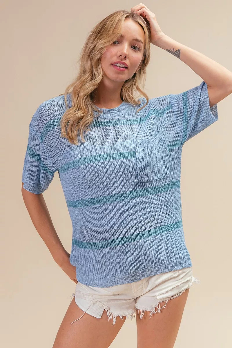 BiBi Patch Pocket Striped Lightweight Sweater Top in light blue stripes