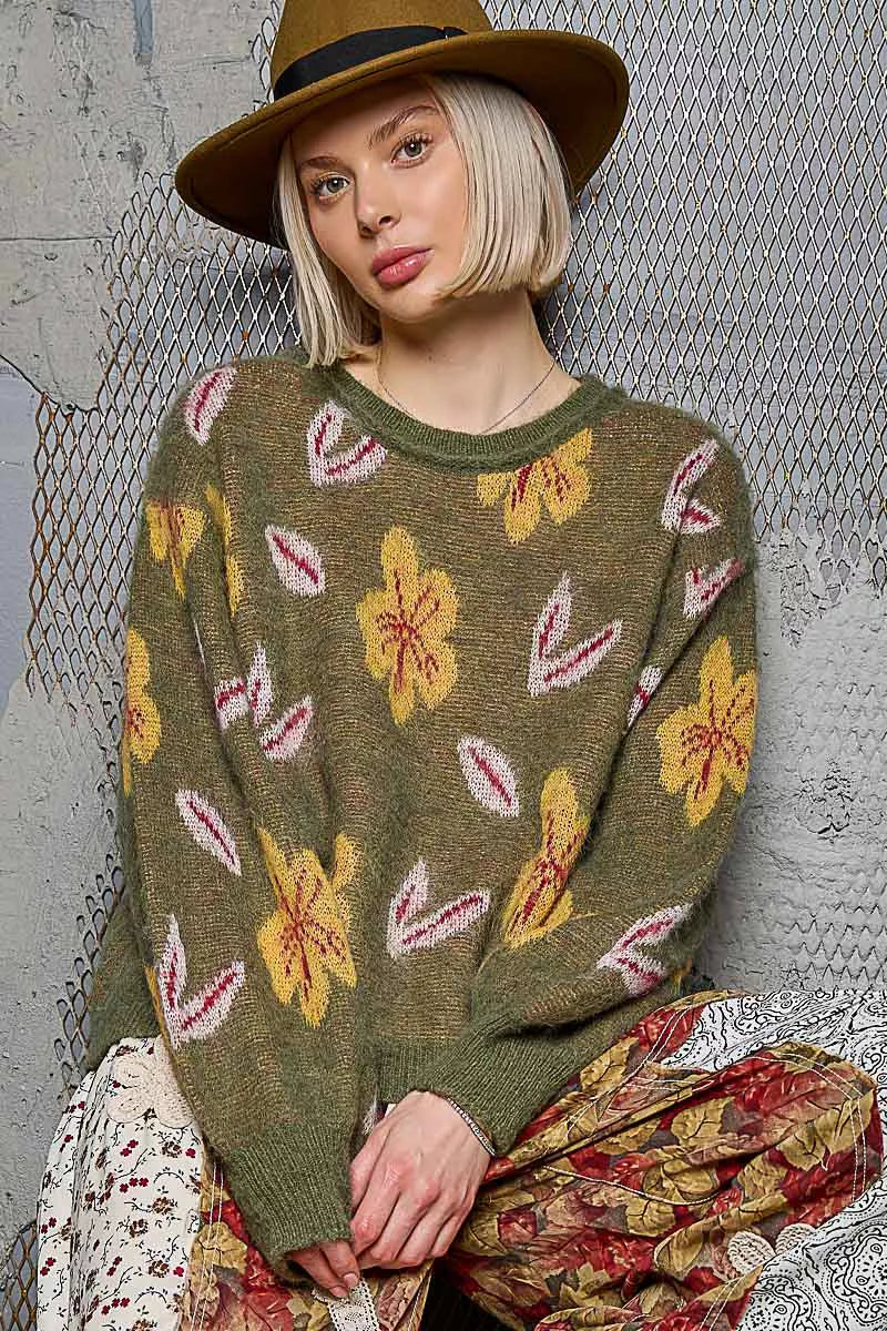 POL Floral Pattern Round Neck Balloon Sleeve Sweater | Sweaters Daverri Fashions