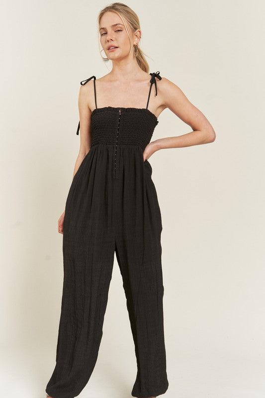 Plus Size Shoulder Tie Smocked Jumpsuit Jumpsuits