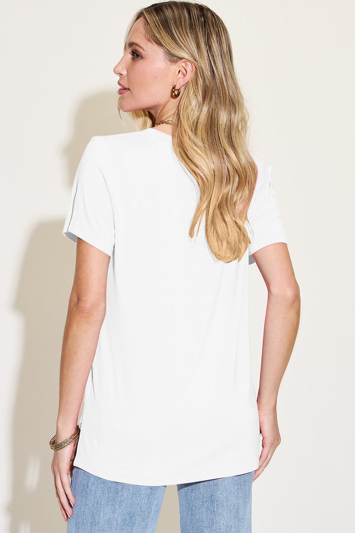 Bamboo Full Size V-Neck High-Low T-Shirt Tops