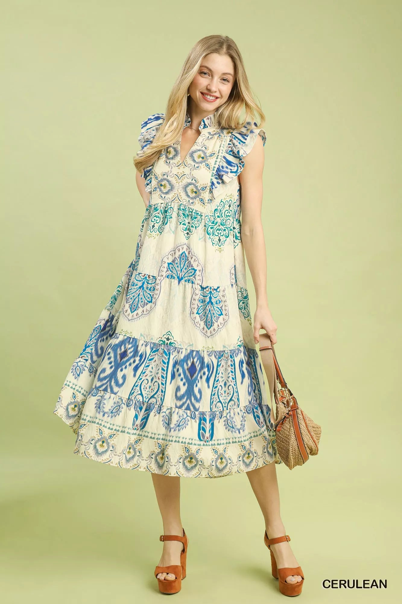 Umgee Boho Border Print Ruffle Midi Dress in off-white paisley