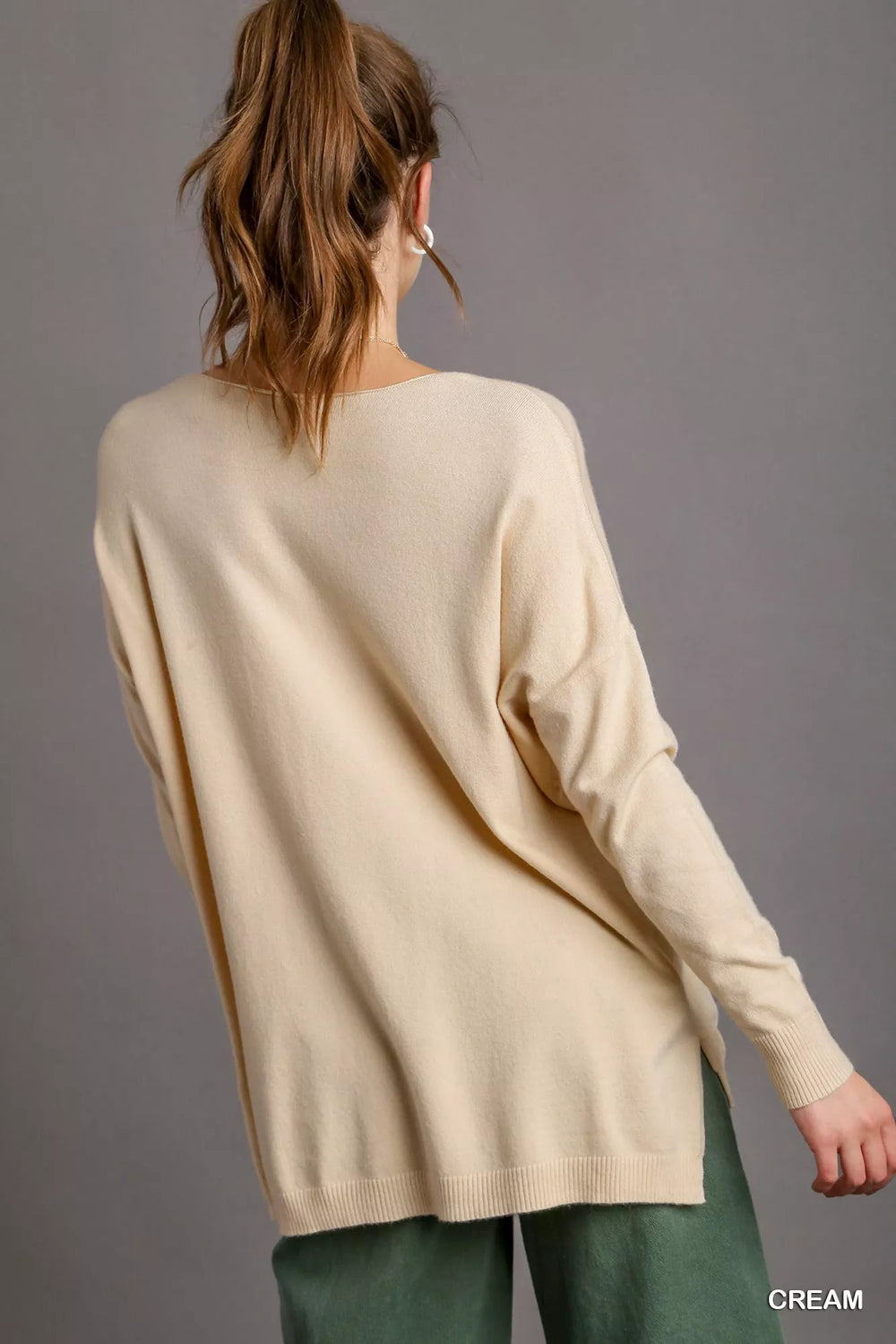 Umgee V-Neck High Low Hem Knit Top with Side Slit | Knit Tops Daverri Fashions