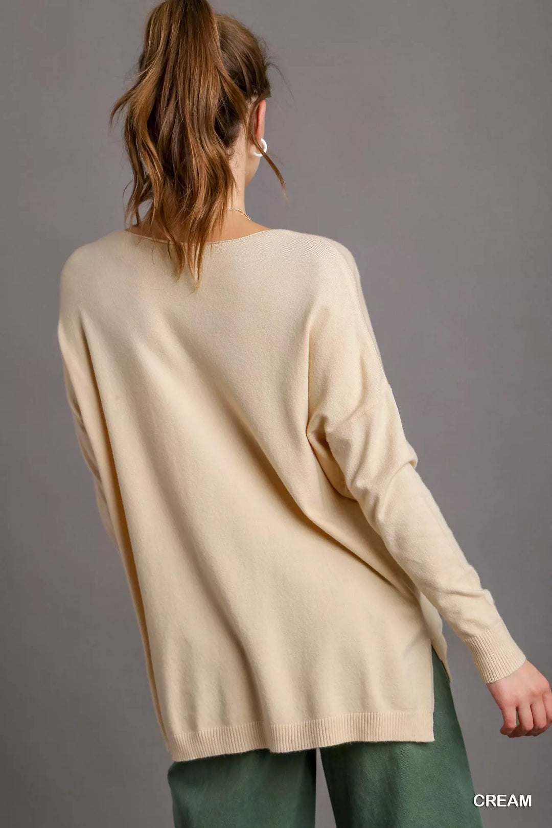 Umgee V-Neck High Low Hem Knit Top with Side Slit | Knit Tops Daverri Fashions