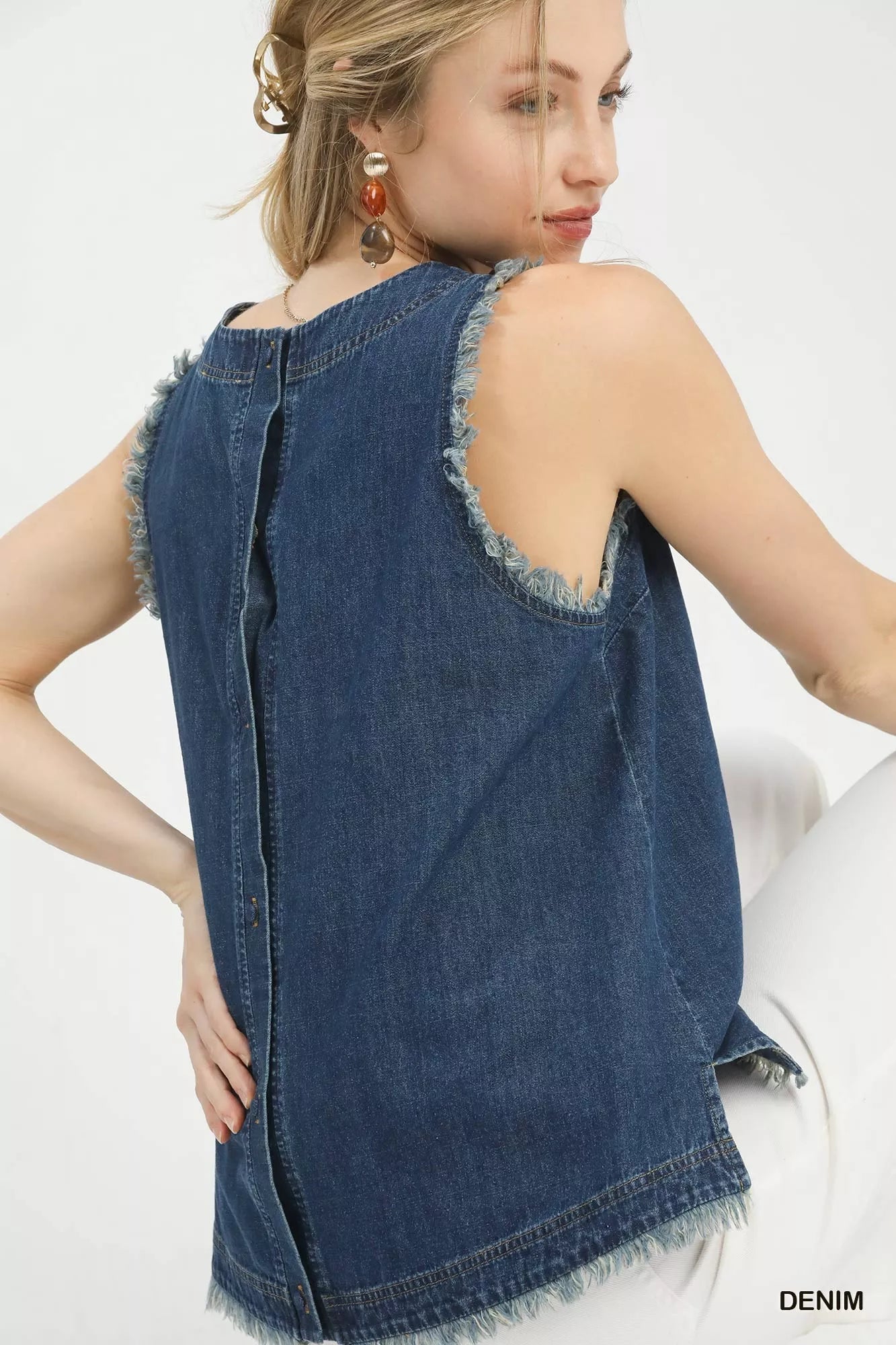Umgee sleeveless fringe hem denim top with frayed edges and back zipper