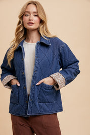 Annie Wear Quilted Printed Lining Snap Down Denim Jacket Tops