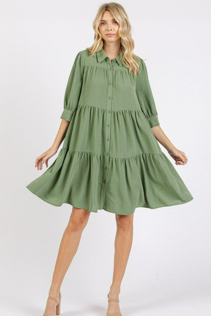 Mittoshop Button Detail Collared Neck Tiered Shirt Dress