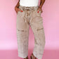 Beige acid wash wide leg high-waisted jeans with drawstring and patch pockets
