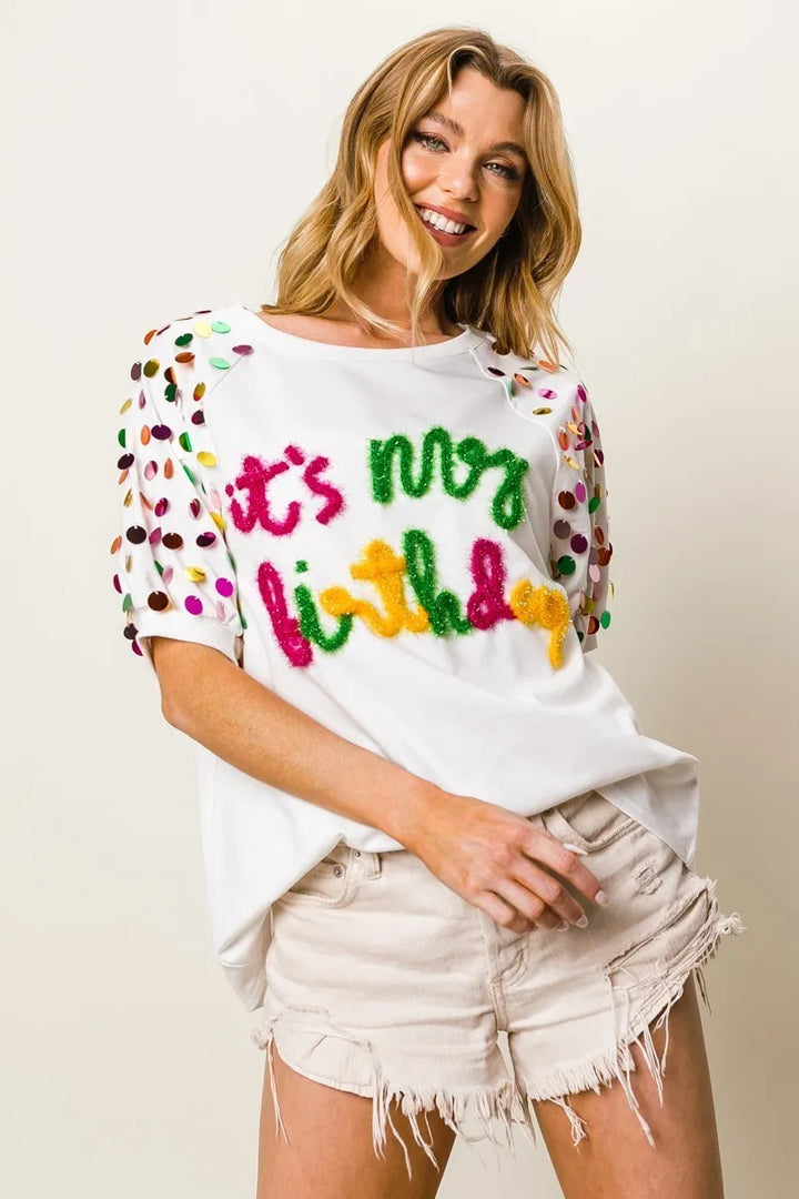 BiBi Metallic Letter Spangle Raglan Puff Sleeve Top Tops