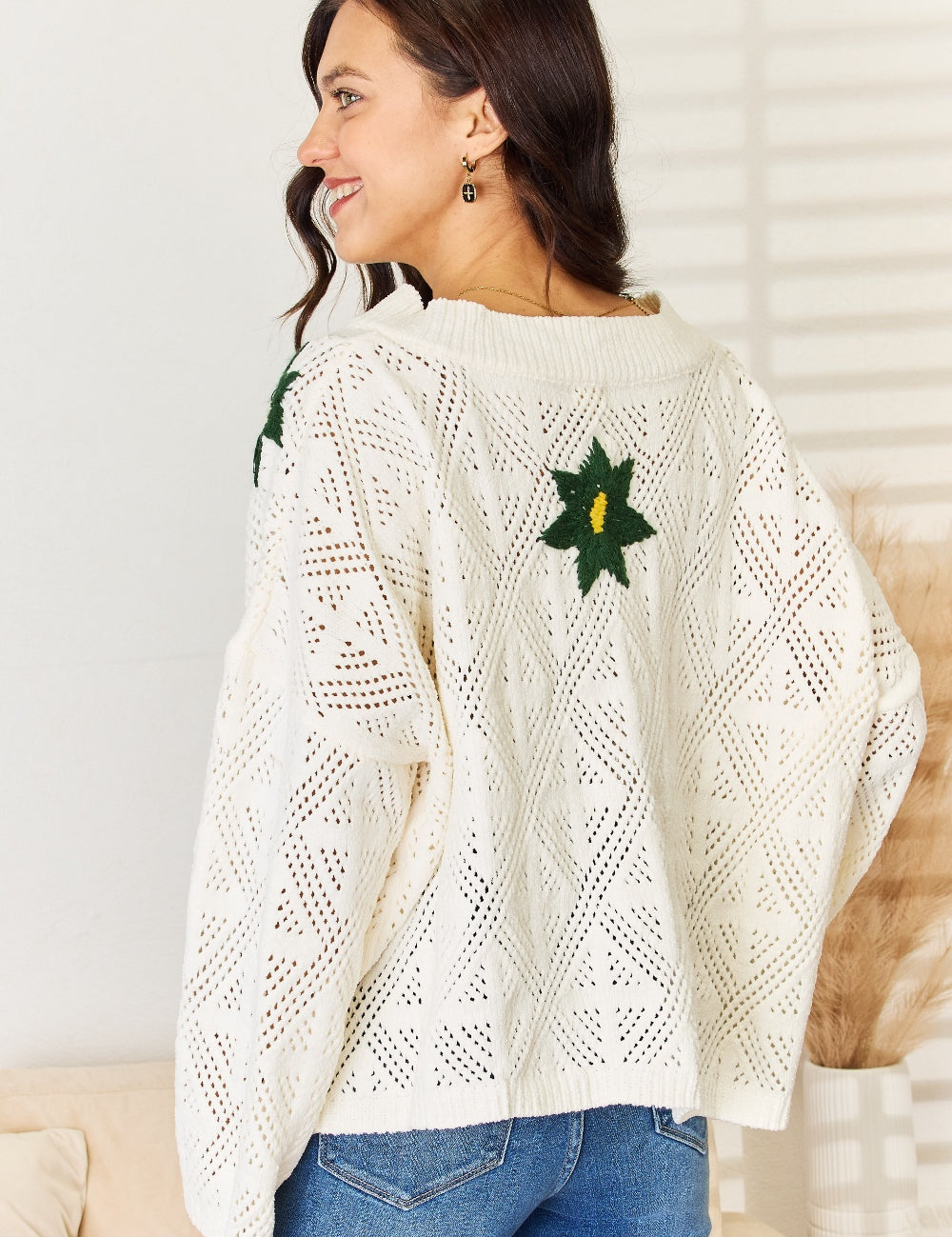 POL Floral Embroidered Pattern V-Neck Sweater