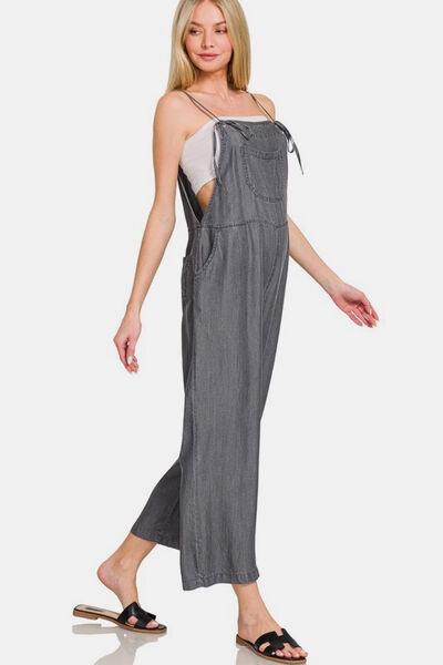 Zenana Washed Adjustable Strap Wide Leg Denim Overalls Overalls